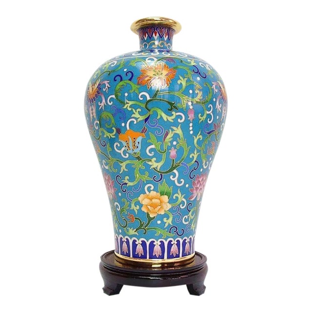 Vintage Chinese Cloisonné Meiping Vase | Turquoise Ground Floral Motif With Stand For Sale