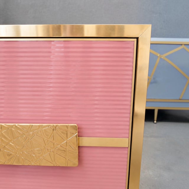 Glossy Pink Glass and Brass Sideboard from Justfurnituress SRL For Sale - Image 4 of 13