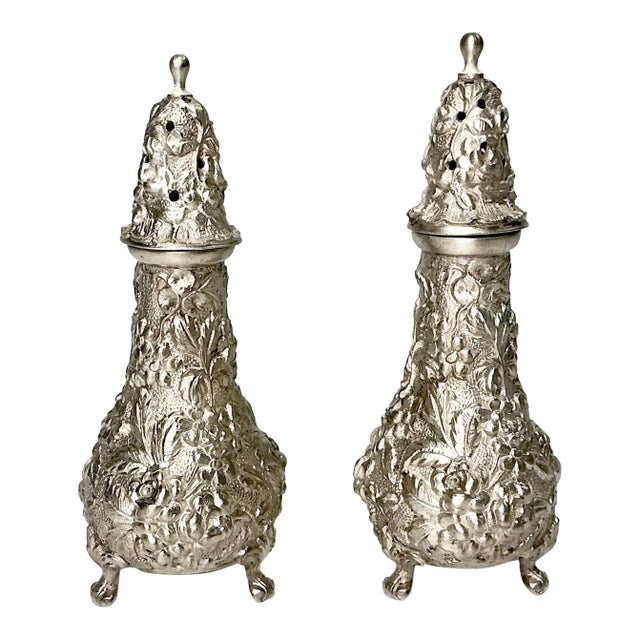 Vintage Hollywood Regency Chippendale Stieff Repousse Full Chased Sterling Footed Salt & Pepper Shakers - A Pair For Sale