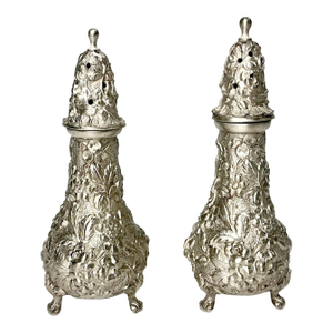 Vintage Hollywood Regency Chippendale Stieff Repousse Full Chased Sterling Footed Salt & Pepper Shakers - A Pair
