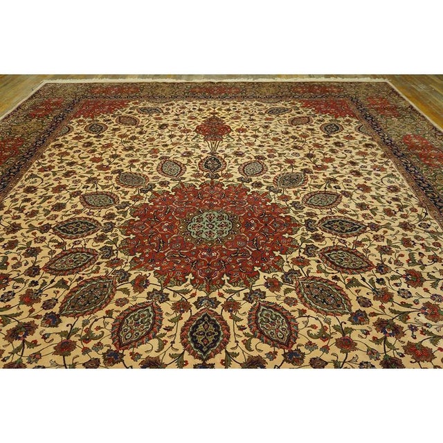 Persian 1940s Beige Swastika Medallion Antique Tabriz Handknotted Wool Gallery Rug For Sale - Image 3 of 7