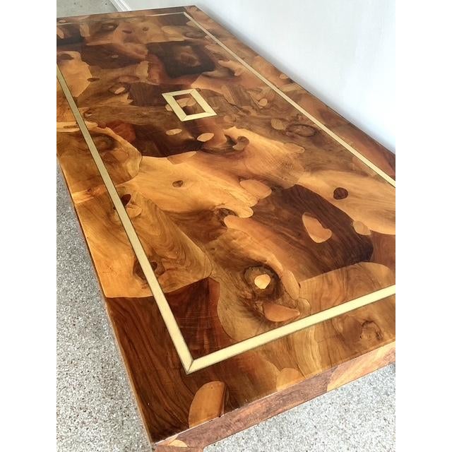 Late 20th Century Vintage Patchwork Olive Burl Wood Extendable Dining Table For Sale - Image 5 of 13