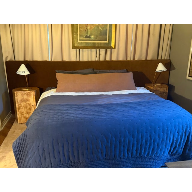 Custom Wall to Wall Velvet Headboard and Walnut King Sized Bed Frame For Sale - Image 12 of 13