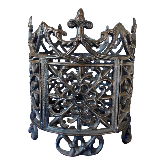 Heavy Ornate Black Cast Iron Acorn Finial Footed Outdoor Garden Planter For Sale