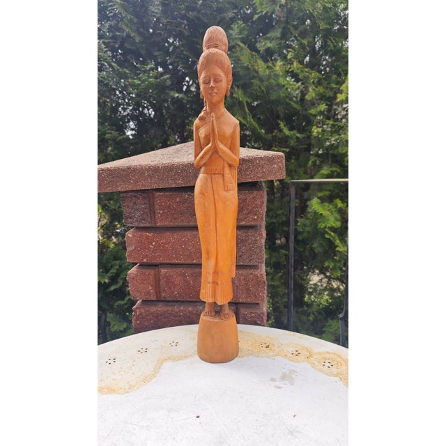 Vintage Wooden Carved Thai Woman Wai, 1970s For Sale - Image 9 of 13