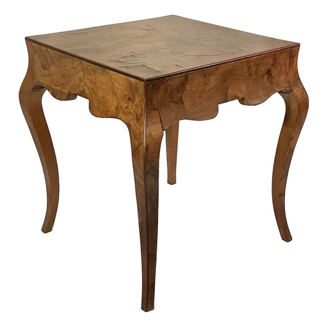 Vintage Italian Patchwork Olive Burlwood Louis XV Style End Table With 1 Drawer For Sale