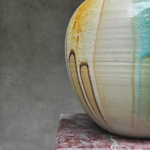 Vintage Japanese Ceramic Vase With Multicolor Crackle Glaze Drip Detail, Signed For Sale - Image 4 of 5