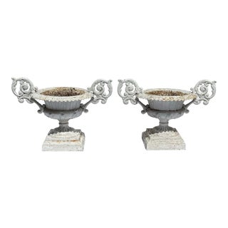 Pair of 19th C.E. Walbridge Cast Iron Garden Planters Urns With Scrolled Arms For Sale