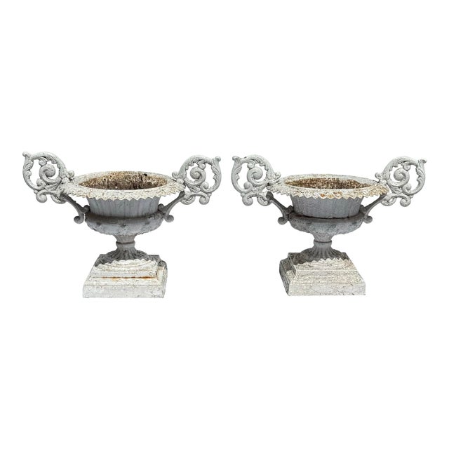 Pair of 19th C.E. Walbridge Cast Iron Garden Planters Urns With Scrolled Arms For Sale