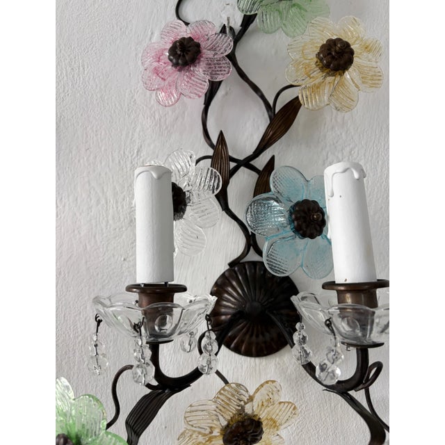 Glass Italian Long Pastel Murano Glass Flowers Dark Bronze Sconces, Circa 1930 For Sale - Image 7 of 13