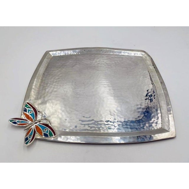 Metal Emilia Castillo Silverplated Butterfly Tray With Stone Inlay, Taxco For Sale - Image 7 of 16