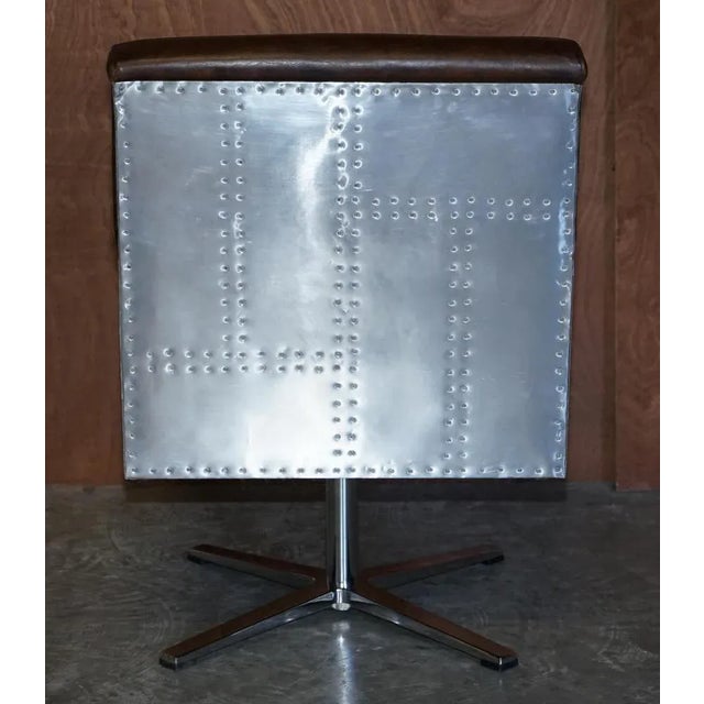 Hand Dyed Brown Leather Aviator Hammered Metal Swivel Captains Armchair For Sale - Image 16 of 18