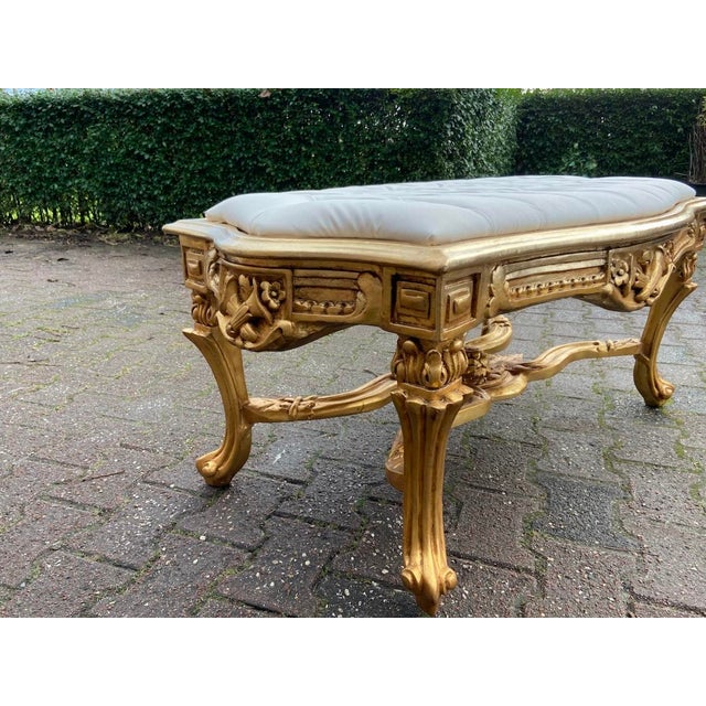 1950s French Gilt Beech Off-White Leather Bench For Sale - Image 9 of 16