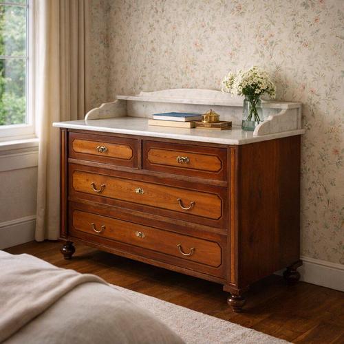 Mahogany chest of drawers with ebony and maple trim and oak inserts. Four drawers at the front, the first two of which are...