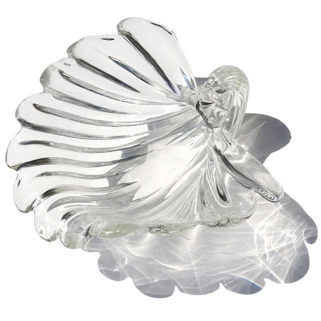 Transparent Cartier Signed Murano Seguso Vintage Crystal Clear Ribbed Surface Italian Art Glass Seashell Shell Bowl For Sale - Image 8 of 11