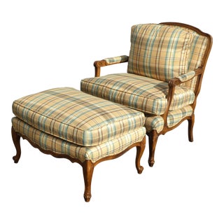 Vintage Ethan Allen Style Gold Plaid Chair & Ottoman For Sale