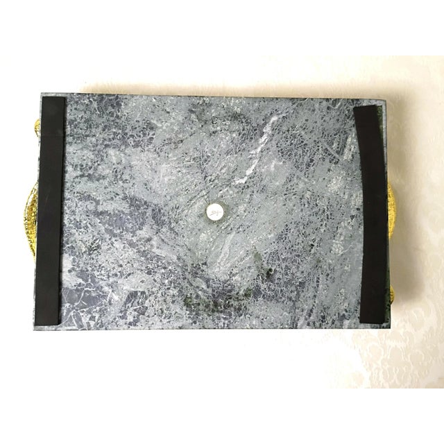 1990s Art Deco Michael Aram Brass Snake Grazing Board Verde Guatemala Green Marble Cheese Charcuterie Tray Serpent Art Deco Hollywood Regency Platter For Sale - Image 12 of 13