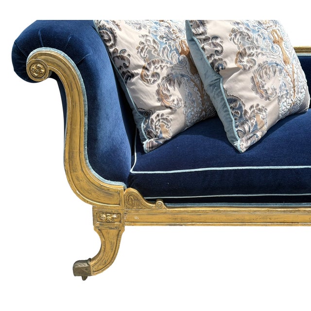 Wood Antique 18th C Louis XVI Giltwood Chaise Fainting Couch - Sapphire Blue Mohair For Sale - Image 7 of 7