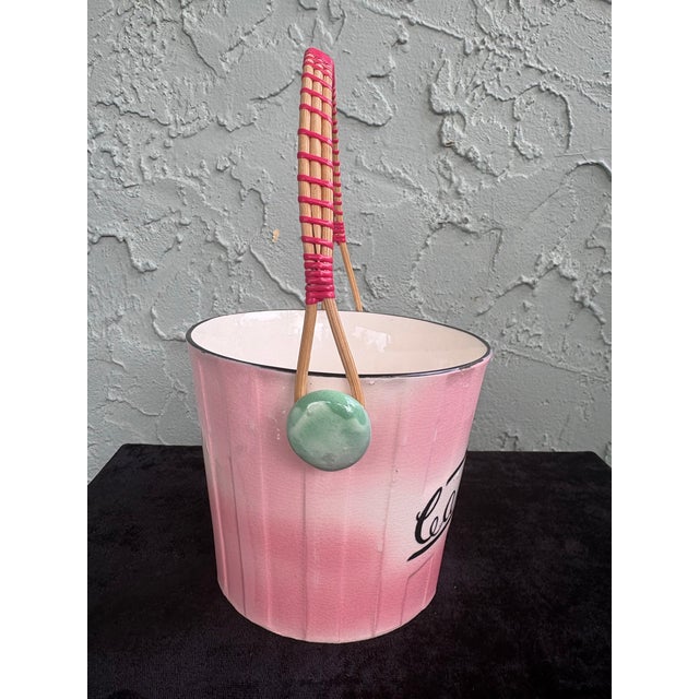 Mid-Century Modern Vintage Hand-Painted Ceramic Candy Bucket With Wrapped Handle, Pink Ombre Finish For Sale - Image 3 of 11