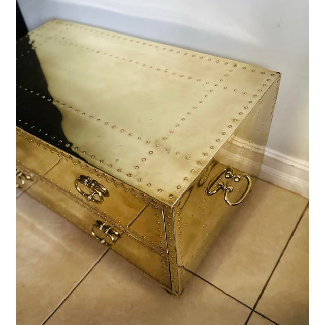 Wood MidCentury Campaign Style Brass Clad Coffee Table From Sarreid Ltd. Spain For Sale - Image 7 of 10