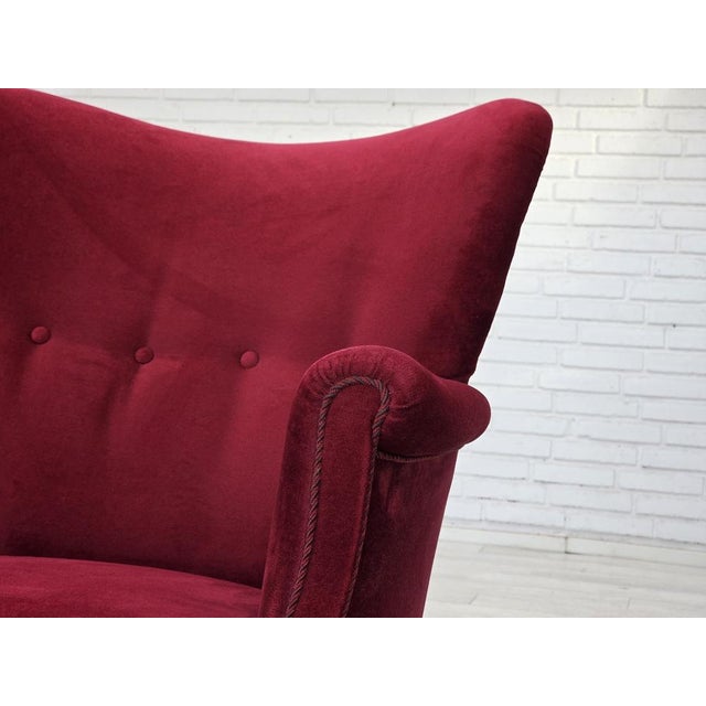 Vintage Danish Lounge Chair in Cherry-Red Furniture Velour and Oak, 1960s For Sale - Image 4 of 16