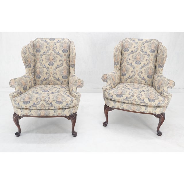Pair of Queen Ann Carved Walnut Bases Blue & White Upholstery Arm Chairs