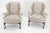 Pair of Queen Ann Carved Walnut Bases Blue & White Upholstery Arm Chairs