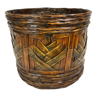 1980s Coastal Boho Chic Split Reed Wicker Planter Basket For Sale