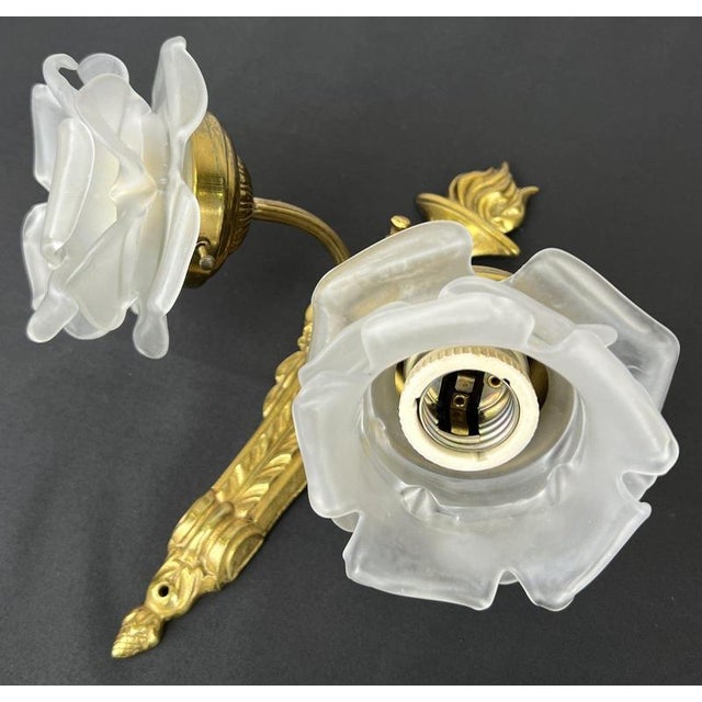 Metal Vintage French Ornate Glass Double Arm Wall Sconces, Set of 2 For Sale - Image 7 of 11
