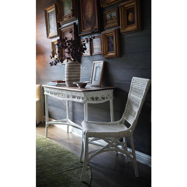Traditional Vintage Grandmillennial White Wicker Console Table & High-Back Chair - 2 Piece Set For Sale - Image 3 of 6