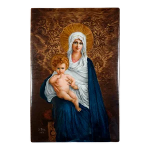Antique French Hand Painted Porcelain Plaque Virgin Mary & Baby Jesus Signed & Dated 1894