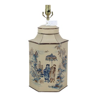 Vintage English Export Tea Caddy Hand-Painted Chinoiserie Figurines Table Lamp.Hand Drawn Table Lamp, Retro Table Lamp For Sale