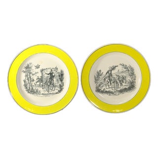 Mid. 19th C. Pair Creil Montreau Faience Creamware Plates - Don Quixote Scenes, France For Sale