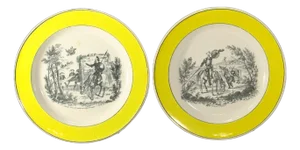 Mid. 19th C. Pair Creil Montreau Faience Creamware Plates - Don Quixote Scenes, France