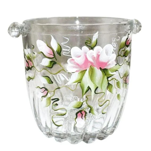 Art Nouveau Mid 20th Century Hand Painted Floral Ice Glass Ice Bucket or Champagne Cooler in Pink and Green For Sale - Image 3 of 5