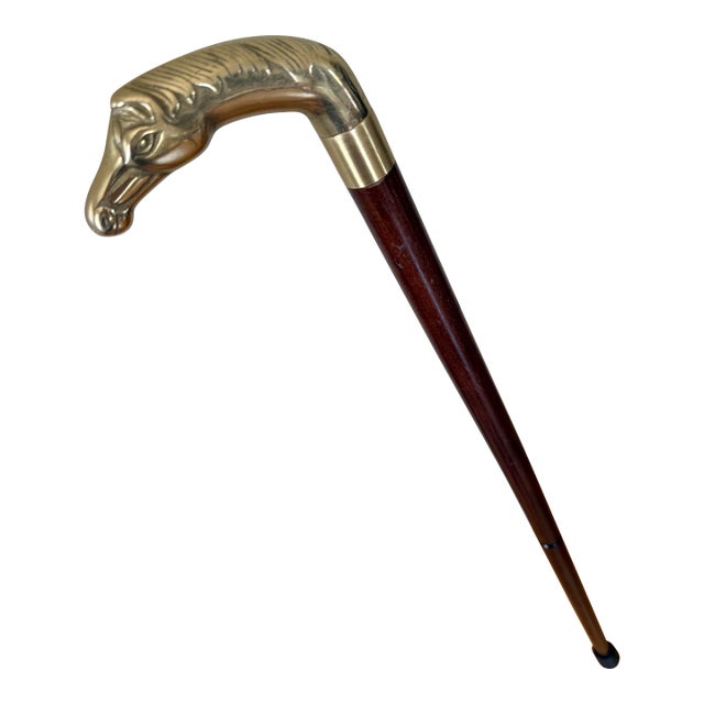 20th Century Chinoiserie Brass Horse Head Wood Cane Walking Stick For Sale