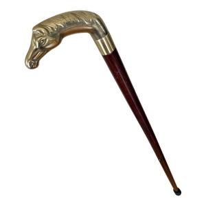 20th Century Chinoiserie Brass Horse Head Wood Cane Walking Stick