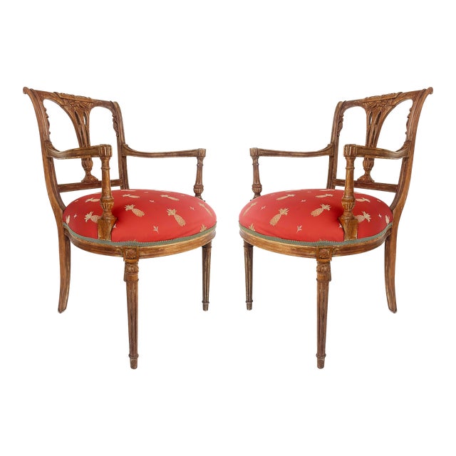 Antique Carved Venetian Plastered Wood Armchairs With Pineapple Seats- a Pair For Sale