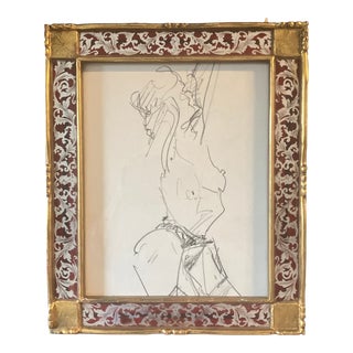 1960’s Original Abstract Female Nude Charcoal Study Drawing Ornate Gilt Wood Frame For Sale