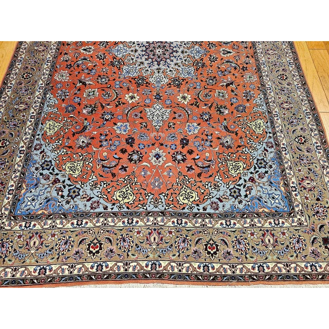 Persian Tabriz Rug, Hand-Knotted Wool & Silk, Fine Floral Pattern, Terracotta & Blue, 7x10 For Sale - Image 9 of 14