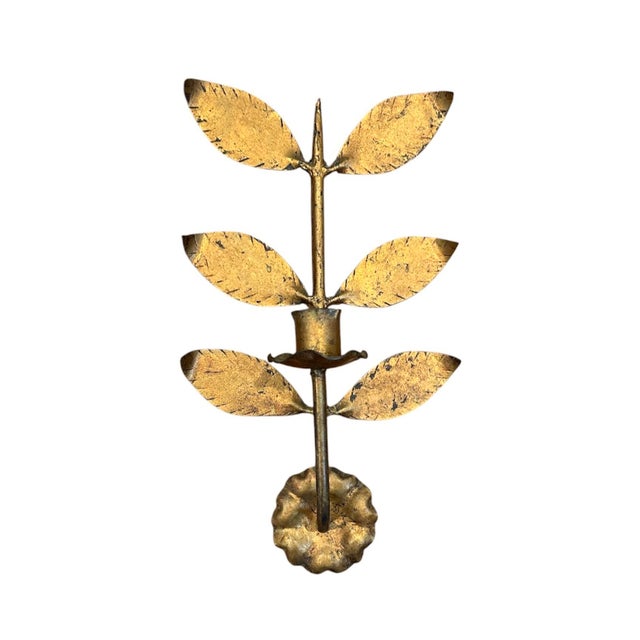 A stunning, gilt tole espalier leaf sconce. Features an espaliered tree / leaf accented by scalloped candle cup. Hand...