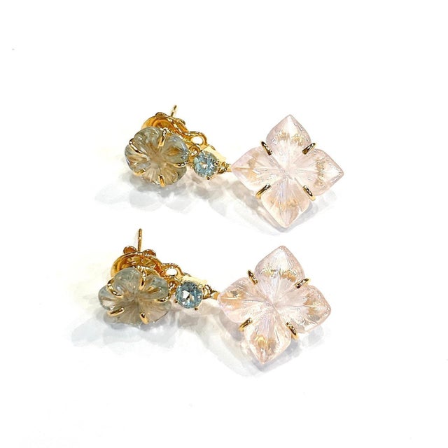 Bochic “Orient” Green Amethyst & Pink Quartz Earrings Set In 18K Gold & Silver, 2 pieces For Sale - Image 11 of 12