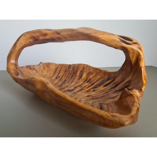 Brown Vintage Brutalist French Hand Carved Wood Basket Bowl Organic Centerpiece, 1950 For Sale - Image 8 of 10