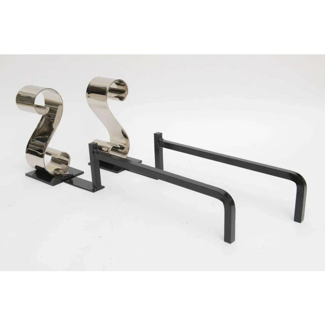 Metal Andirons Modern Nickel Plated, "S Form", For Sale - Image 7 of 11