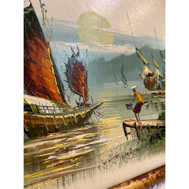 Mid-Century Modern Mid Century Oil on Board Chinese Junk Boats Painting For Sale - Image 3 of 9