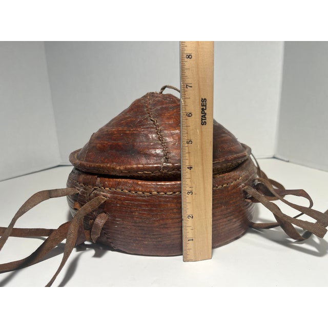 Antique Ethiopian Agelgil Woven Rattan & Leather Covered Basket 10" Diameter For Sale - Image 11 of 11
