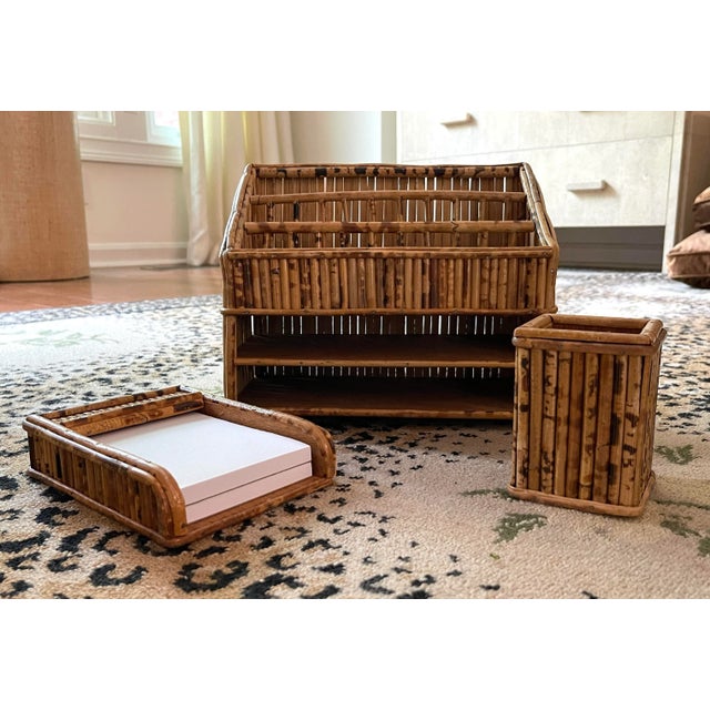 Vintage Tortoise Rattan Three Piece Desk Set For Sale - Image 13 of 13