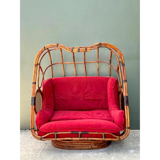 Vintage Bent Rattan Swivel Lounge Chair With Flip Down Side Tables For Sale - Image 10 of 12