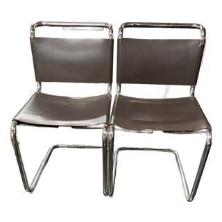 Pair of 1970s Spoleto Dining Chairs With Brown Leather Seats and Backs on Chrome Frame For Sale