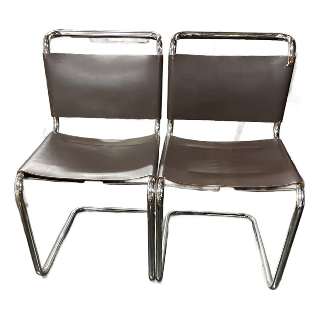 Pair of 1970s Spoleto Dining Chairs With Brown Leather Seats and Backs on Chrome Frame For Sale
